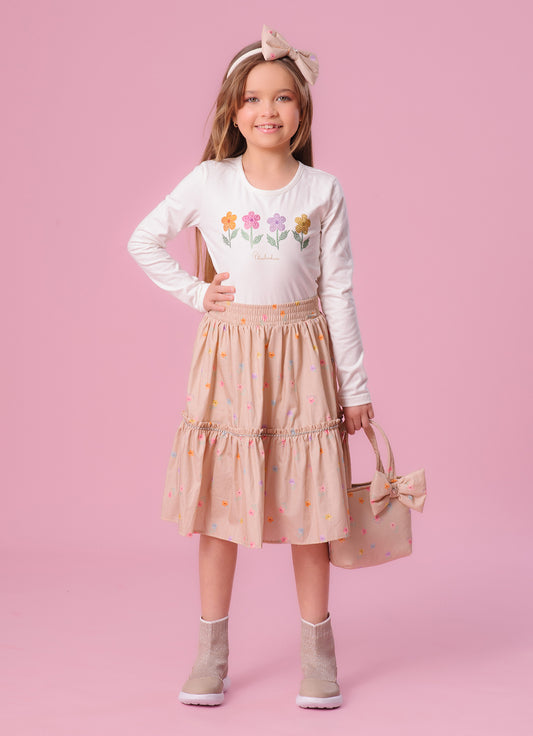 Saia Short Algodão Estampa Florzinhas Babado Cristal