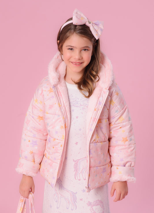 Casaco Puffer Algodão Estampado Estrelas Forro Pele