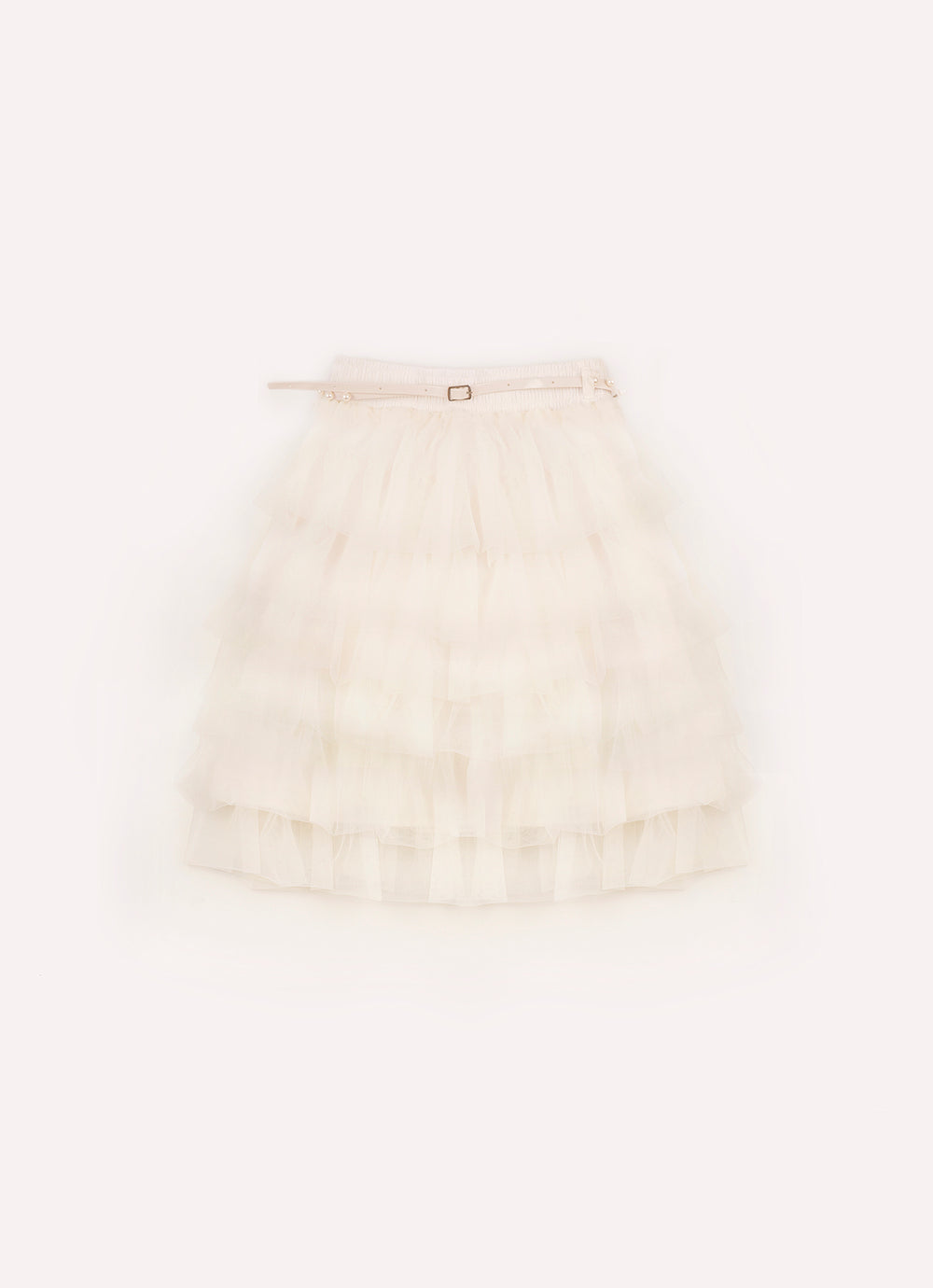 Saia Short Midi Babados Tule Com Cinto Pérolas