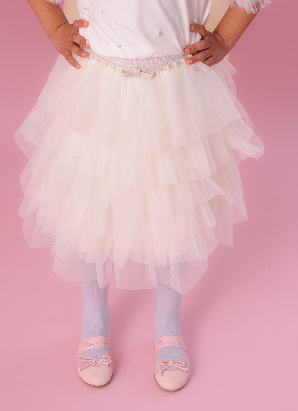Saia Short Midi Babados Tule Com Cinto Pérolas