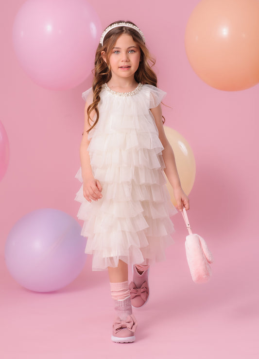 Vestido Babado Tule Colar Bordado