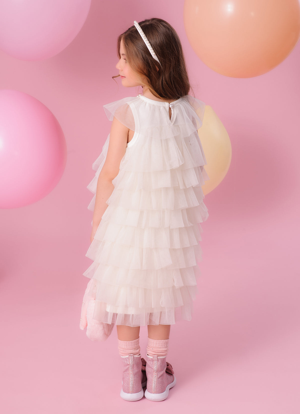Vestido Babado Tule Colar Bordado