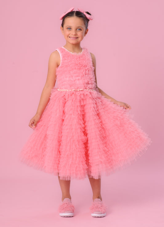 Vestido Frufru Tule Colar Bordado Com Cinto