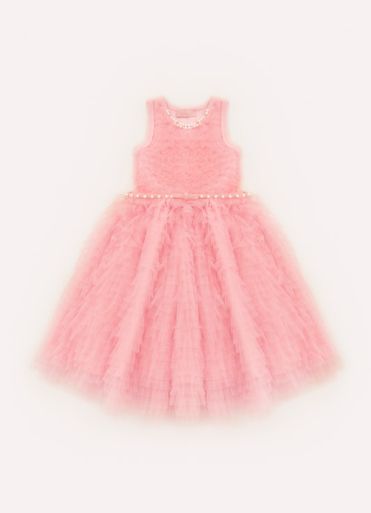 Vestido Frufru Tule Colar Bordado Com Cinto