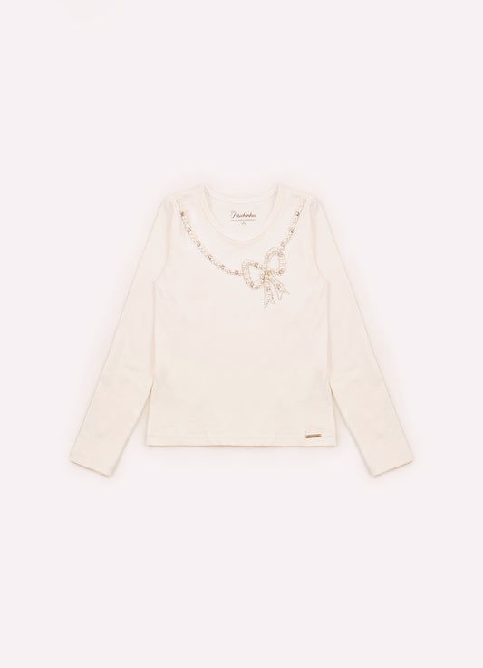 Blusa Cotton Colar Laço Bordado Pérolas e Cristais