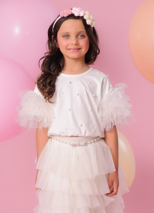 Blusa Cotton Manga Babados Tule Bordado Pérolas e Cristais