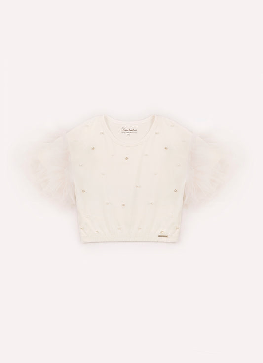 Blusa Cotton Manga Babados Tule Bordado Pérolas e Cristais
