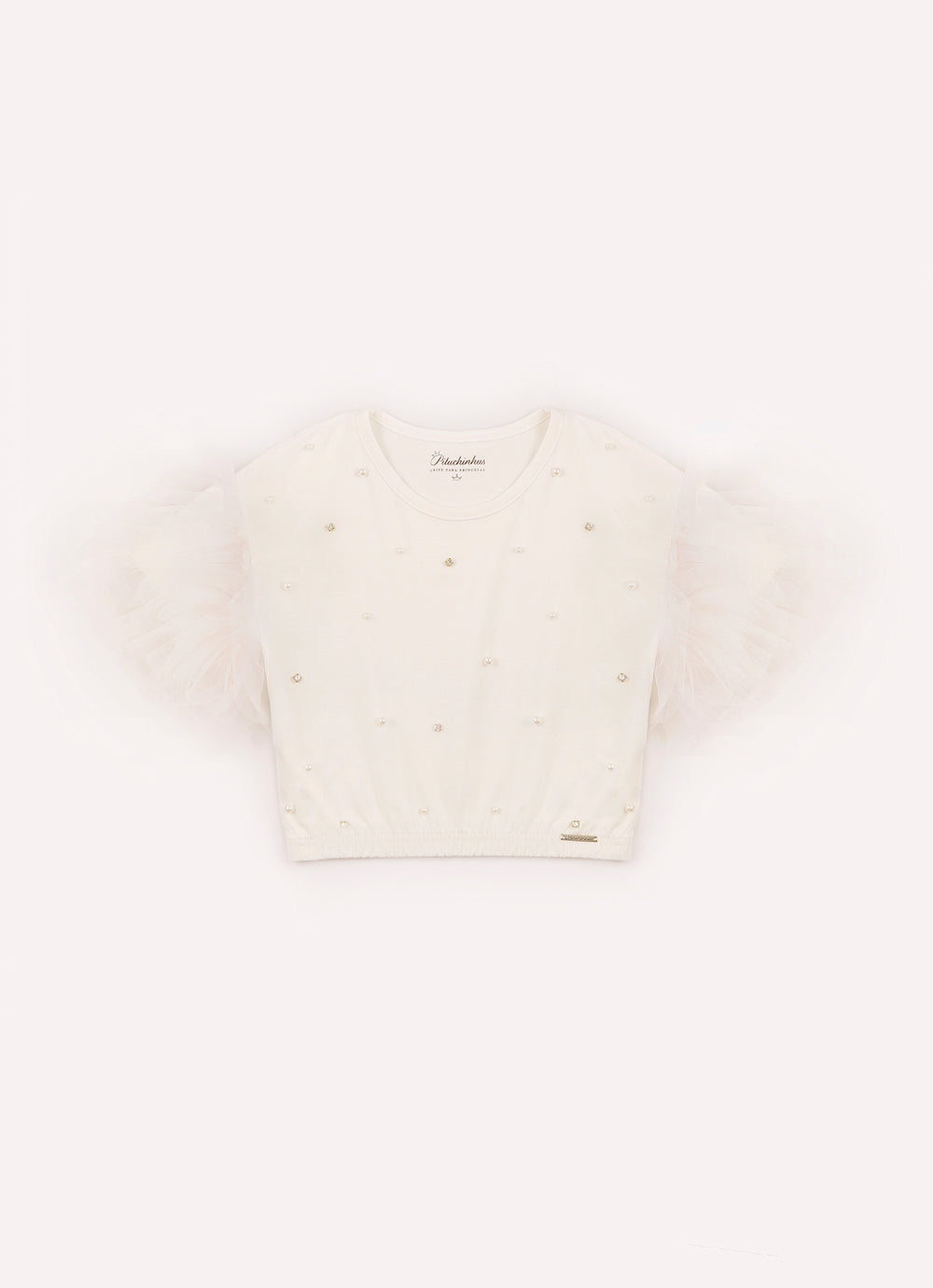 Blusa Cotton Manga Babados Tule Bordado Pérolas e Cristais