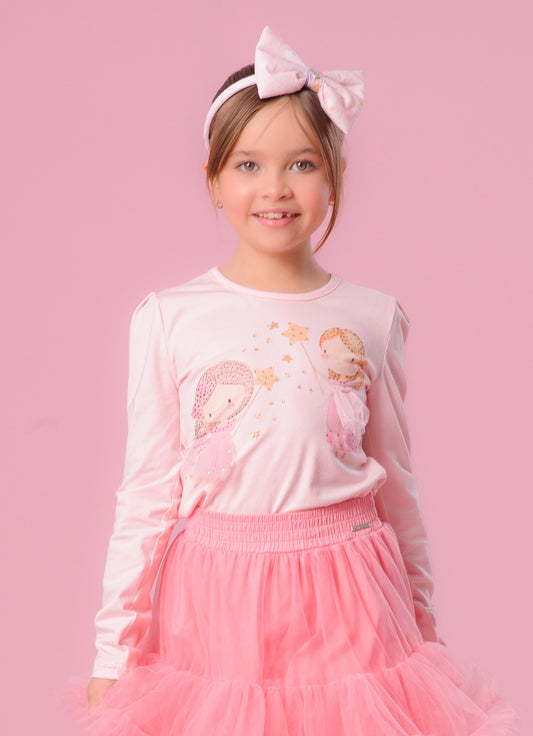 Blusa Cotton Serigrafia Fadinhas Saia Tule
