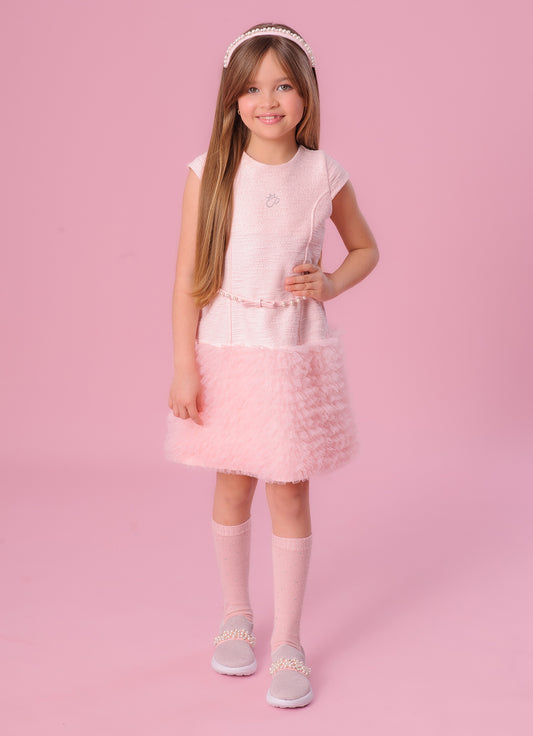Vestido Boucle Saia Frufru Tule Com Cinto