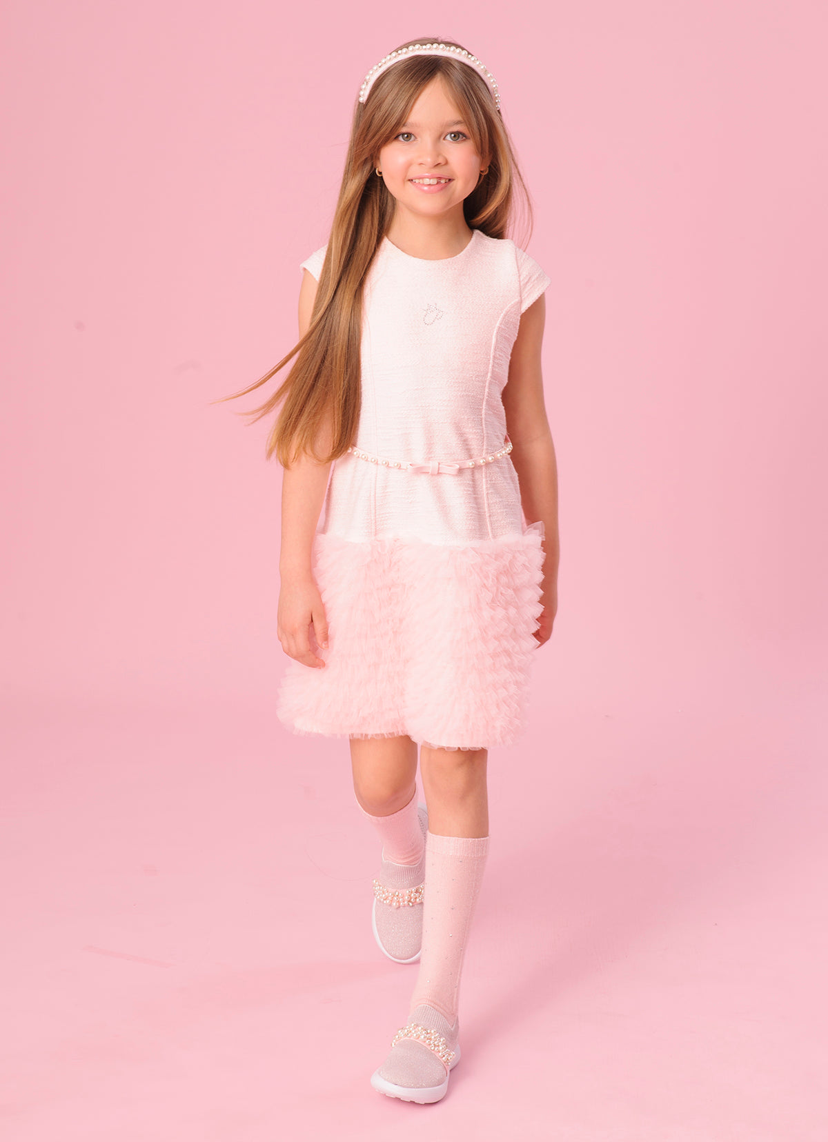Vestido Boucle Saia Frufru Tule Com Cinto