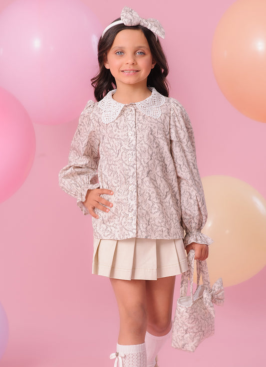 Camisa Algodão Estampada Toile Gola Guipir