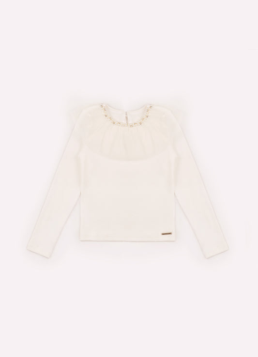 Blusa Ribana Gola Tule Bordado Pérolas e Cristais