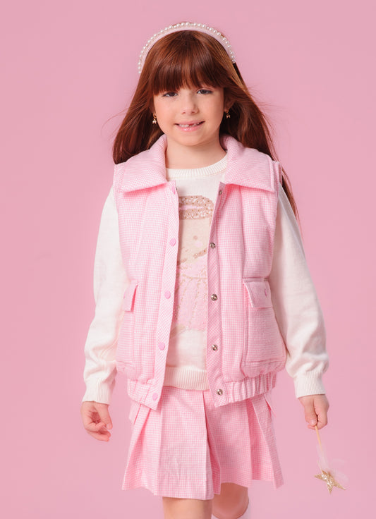 Colete Puffer Flanela Xadrez Bolsos