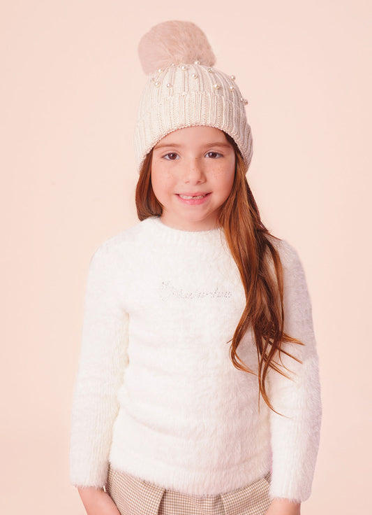 Touca Tricot Canelada Bordados Pompom Pele