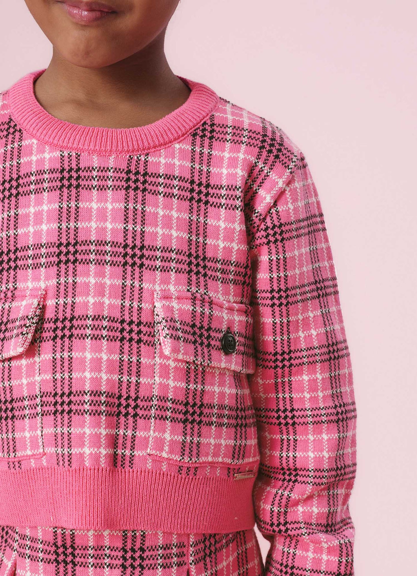 Blusa Tricot Xadrez Bolsos Lapela