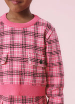 Blusa Tricot Xadrez Bolsos Lapela