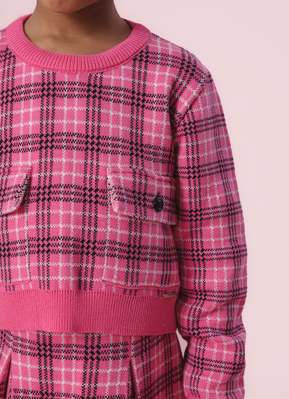 Blusa Tricot Xadrez Bolsos Lapela