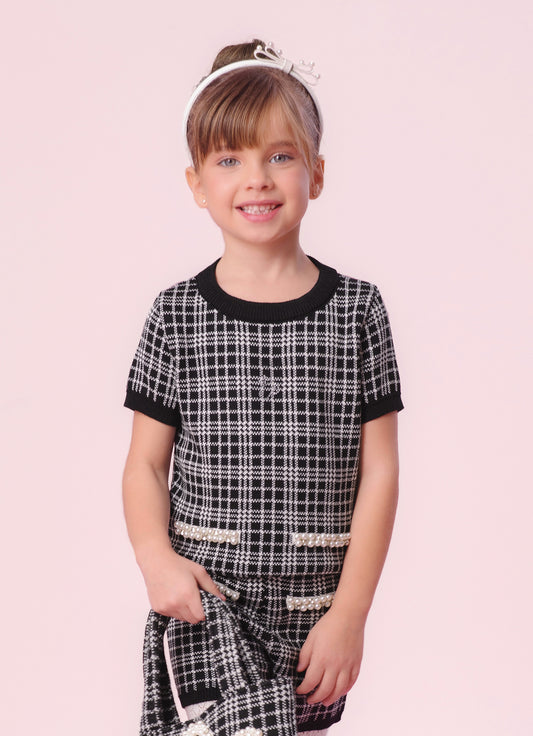 Blusa Tricot Xadrez Manga Curta Bolsos Bordados