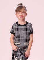 Blusa Tricot Xadrez Manga Curta Bolsos Bordados