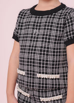 Blusa Tricot Xadrez Manga Curta Bolsos Bordados