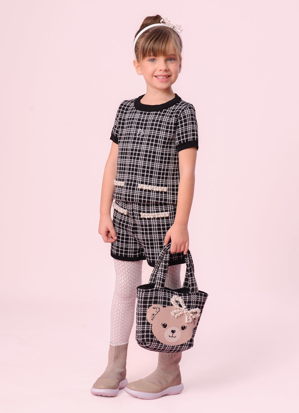 Blusa Tricot Xadrez Manga Curta Bolsos Bordados