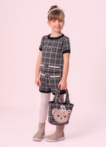 Blusa Tricot Xadrez Manga Curta Bolsos Bordados