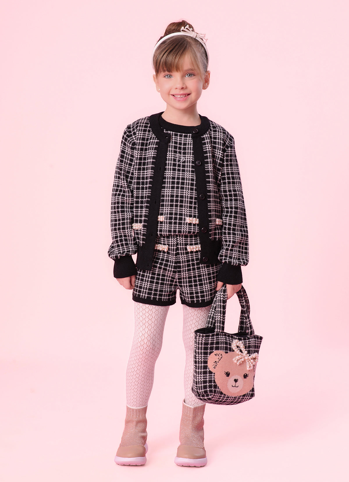 Casaco Tricot Xadrez Bolsos Bordados Ursa Costas
