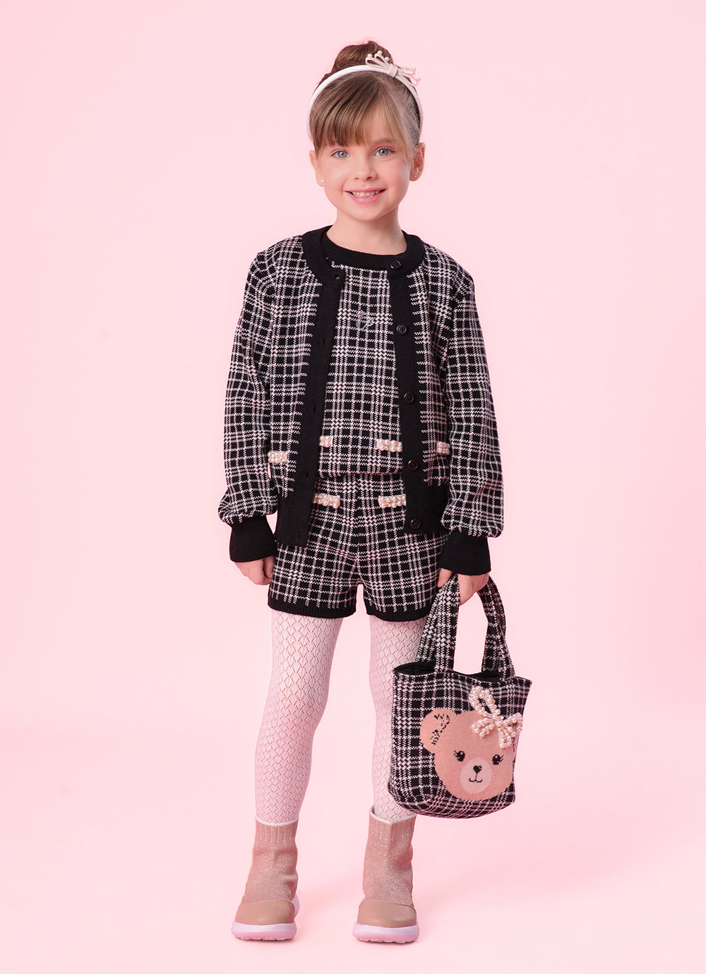 Casaco Tricot Xadrez Bolsos Bordados Ursa Costas