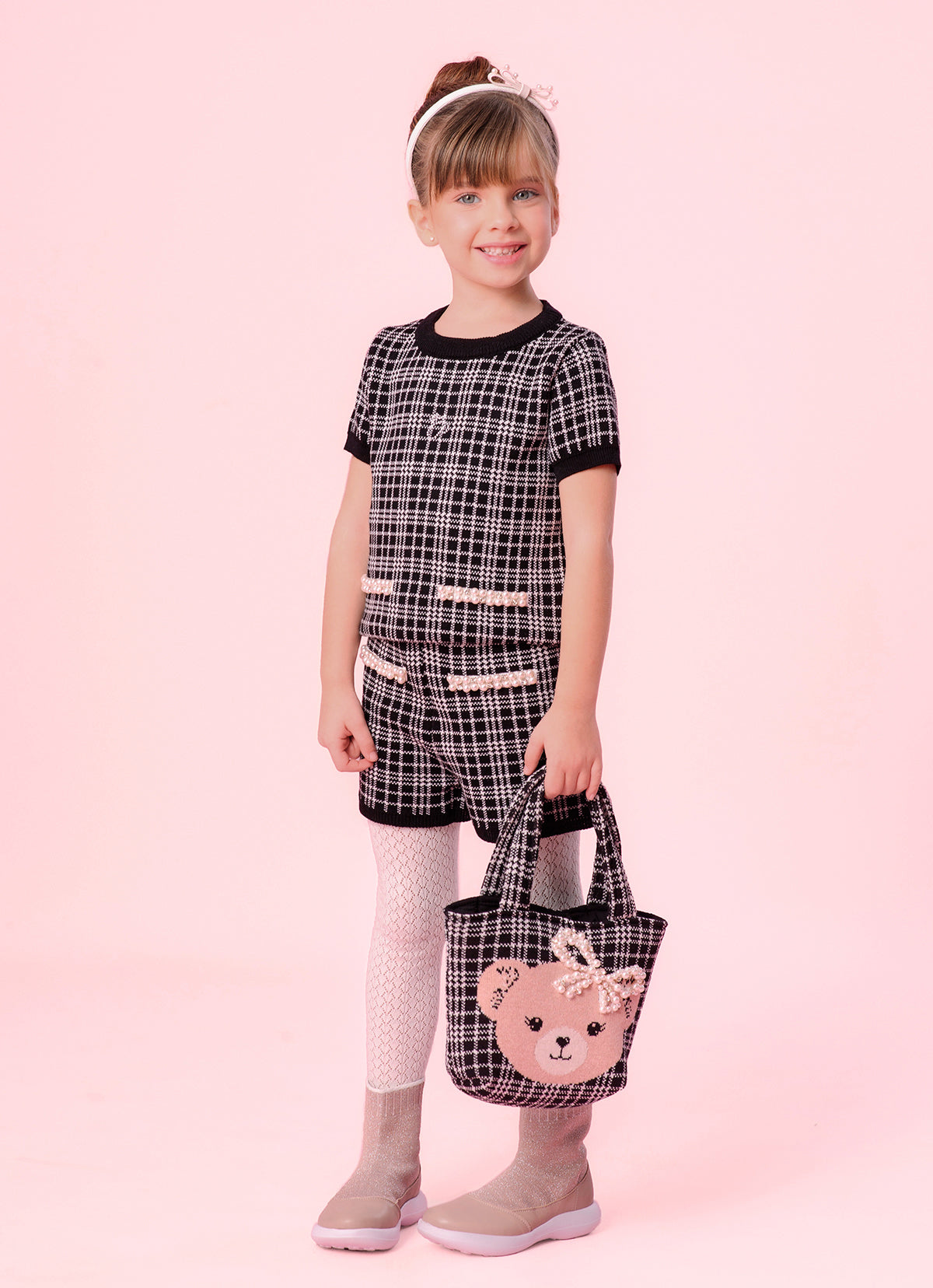Short Tricot Xadrez Bolsos Bordados