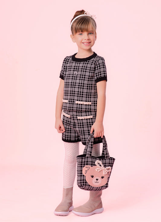 Short Tricot Xadrez Bolsos Bordados