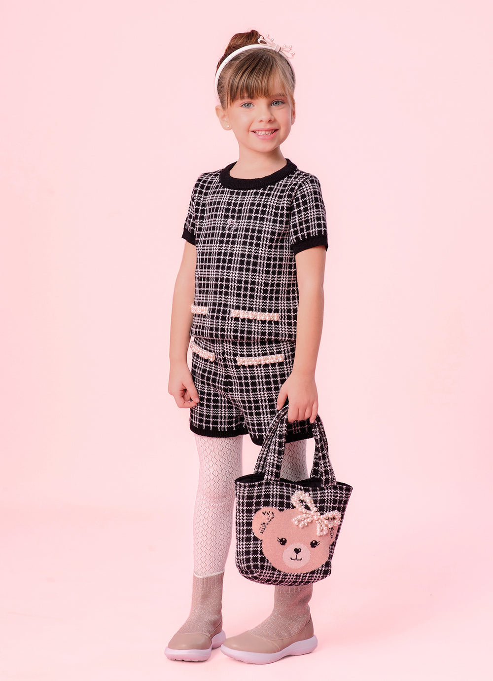 Short Tricot Xadrez Bolsos Bordados