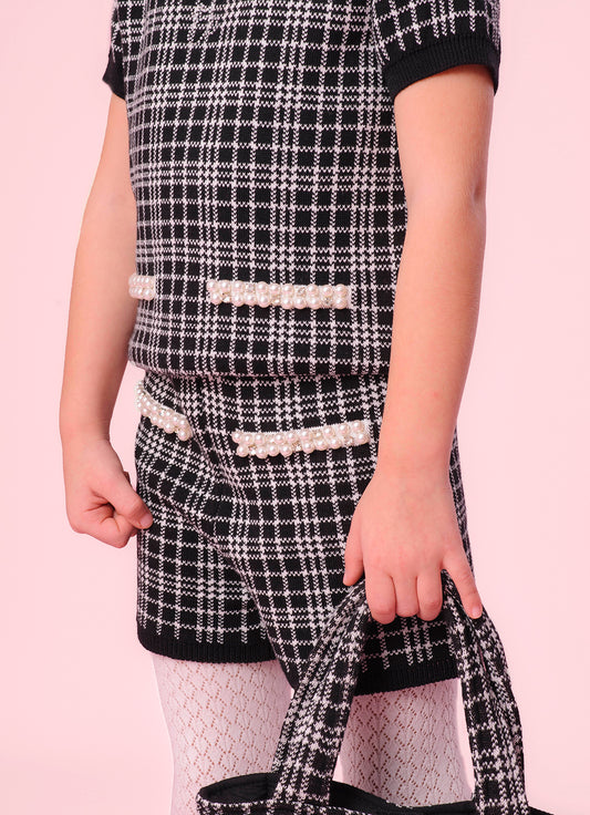 Short Tricot Xadrez Bolsos Bordados