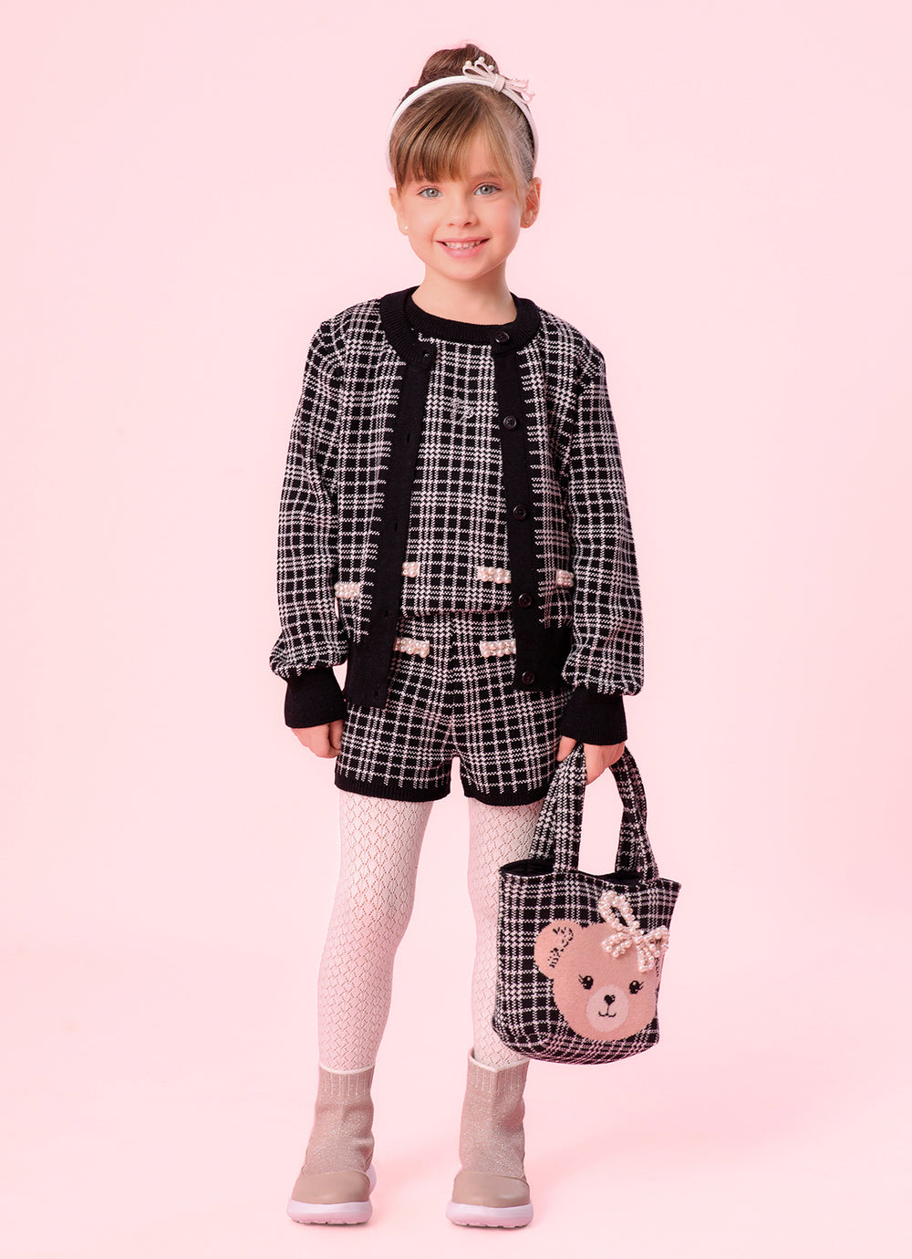 Short Tricot Xadrez Bolsos Bordados