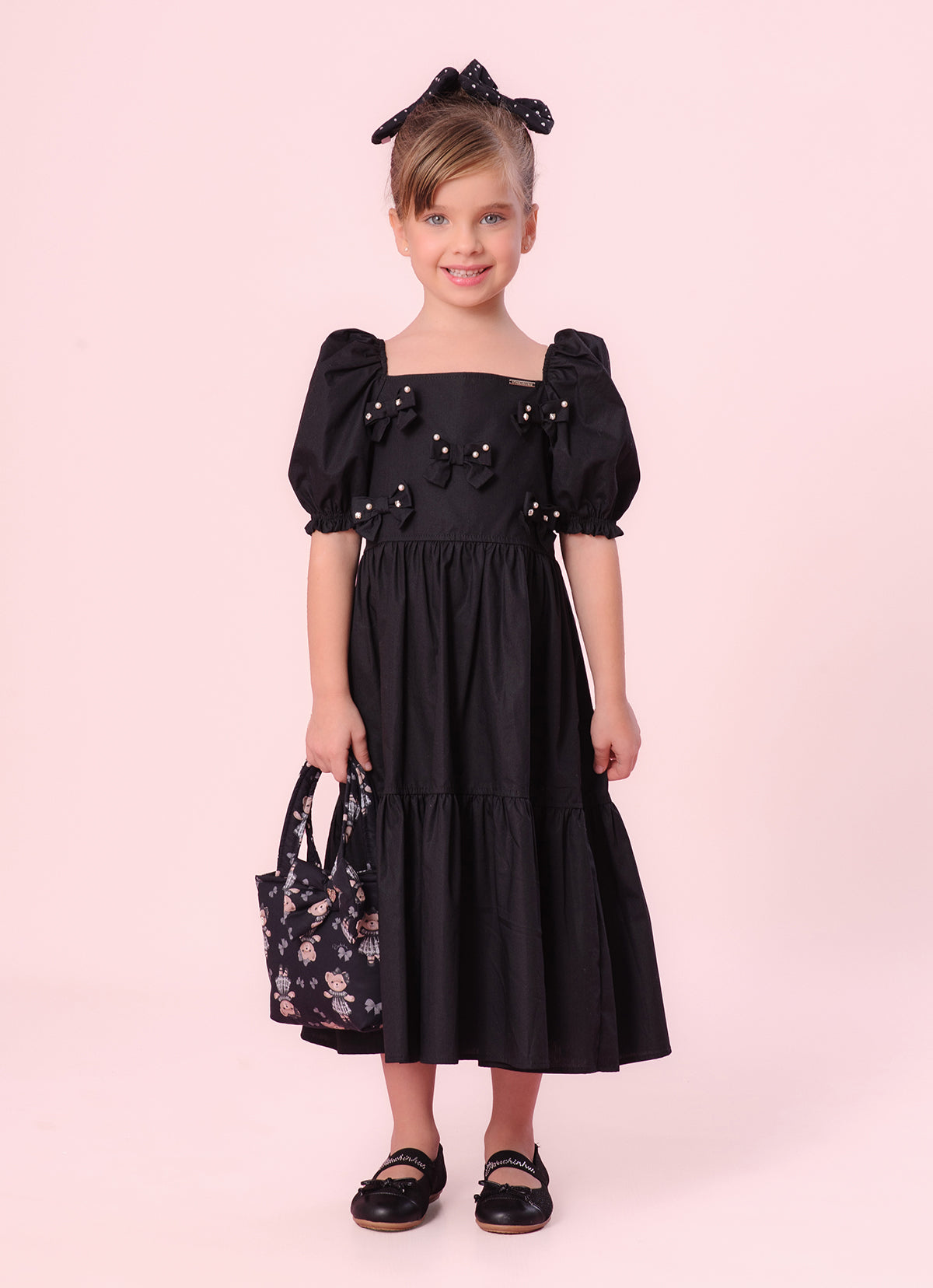 Vestido Tricoline Babados Multi Laços Bordados