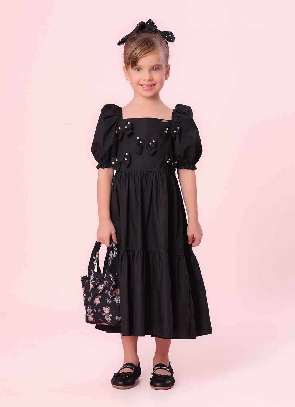 Vestido Tricoline Babados Multi Laços Bordados
