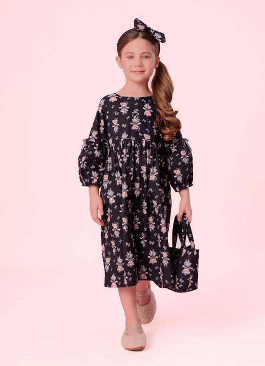 Vestido Algodão Estampa Ursinhas e Laços