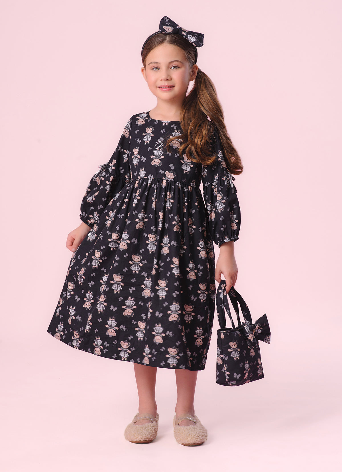Vestido Algodão Estampa Ursinhas e Laços