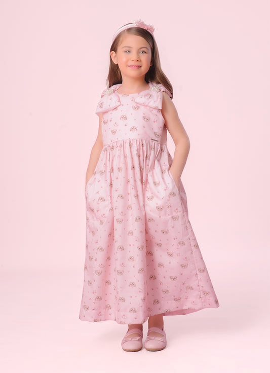Vestido Algodão Midi Estampa Ursos e Flores Laços Puffer