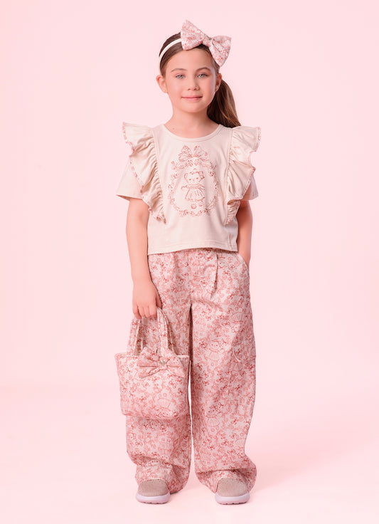 Calça Reta Algodão Estampa Toile Pregas e Bolsos