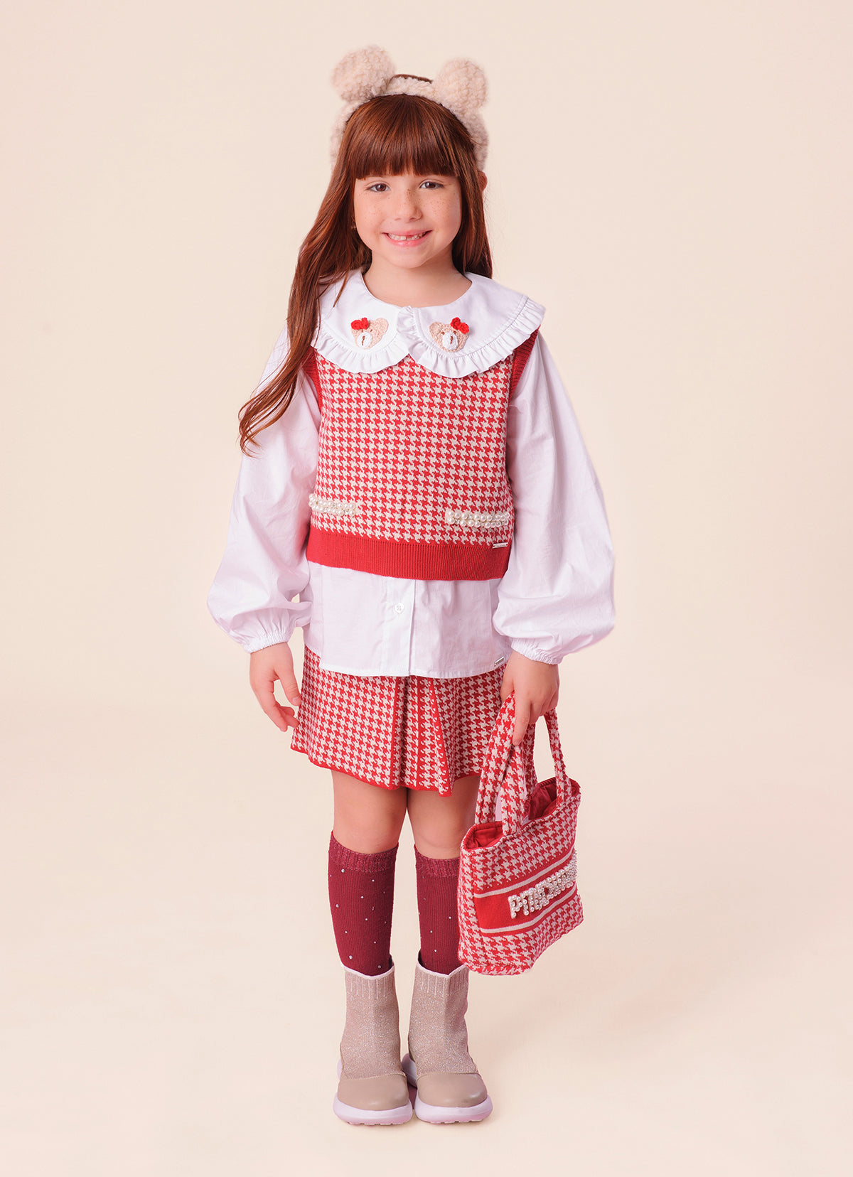 Colete Tricot Pied de Poule Bolsos Bordados