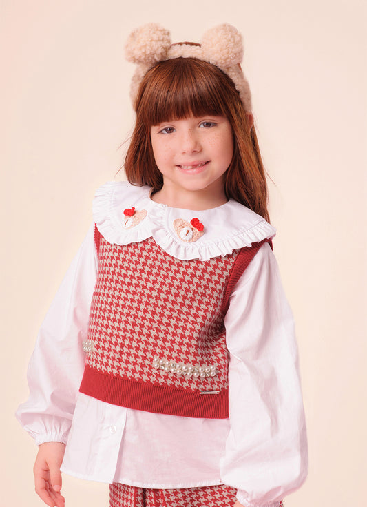 Colete Tricot Pied de Poule Bolsos Bordados