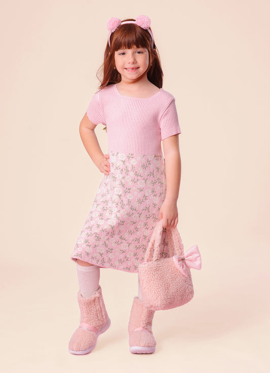 Vestido Tricot Canelado Saia Jacquard Floral