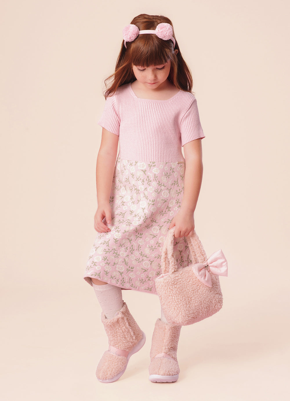 Vestido Tricot Canelado Saia Jacquard Floral