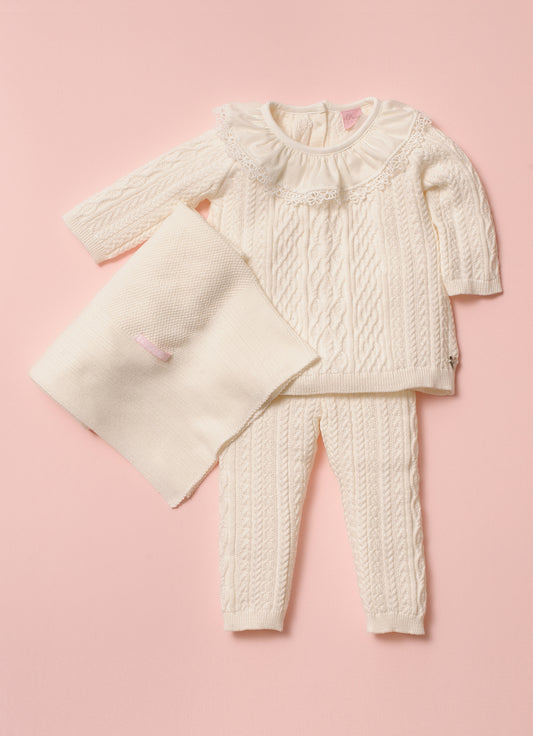 Conjunto Tricot Blusa Com Babadinho Calça e Manta Pmini