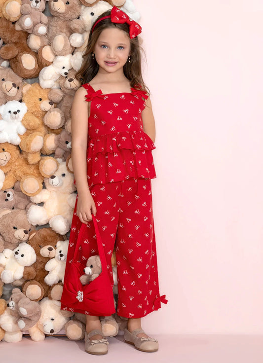 Conjunto Blusa e Pantacourt Algodão Lacinhos Natal