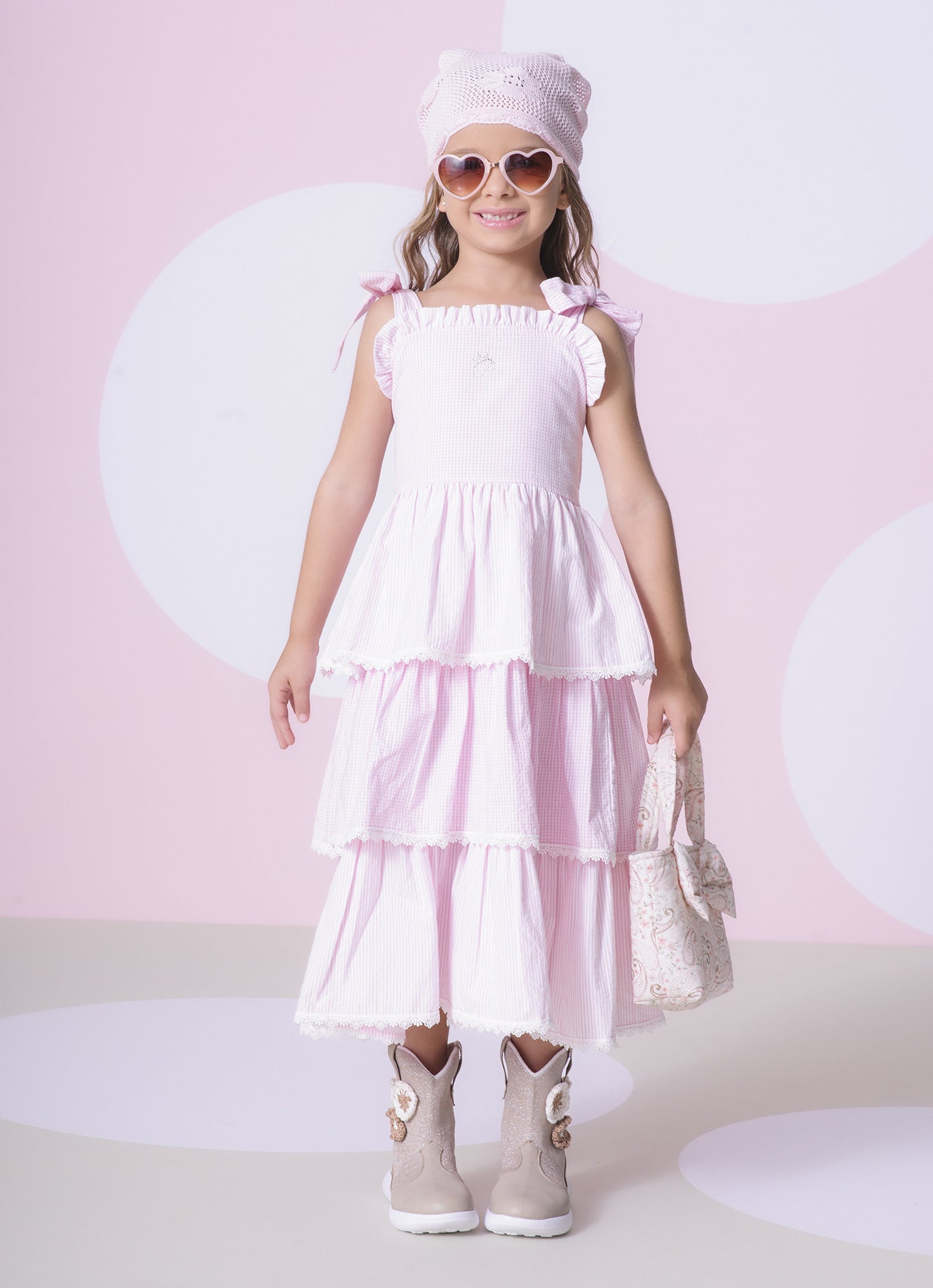 Vestido Tricoline Xadrez Babados