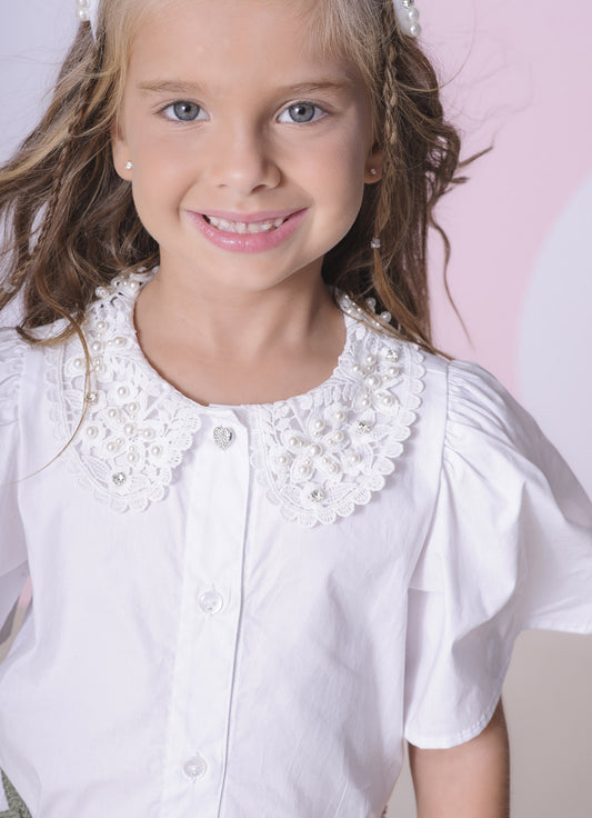 Camisa Tricoline Gola Renda