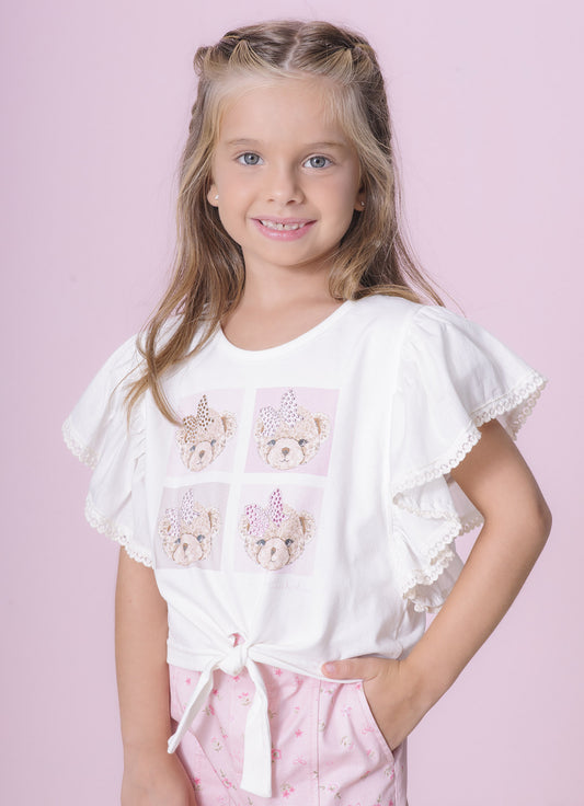 Blusa Cotton Ursinhas Detalhe Babado