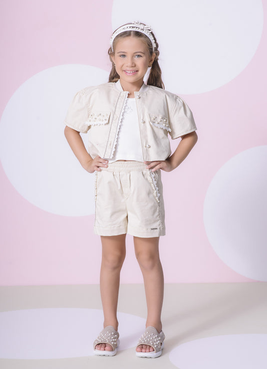 Short Sarja Bordado Pérola e Cristal
